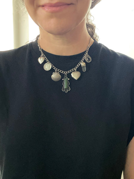 Convertible Vintage Sterling Silver + Jade Charm Necklace / Bracelet