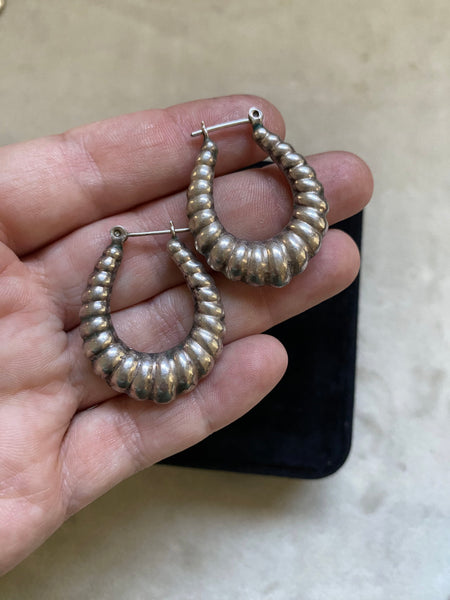 Vintage Sterling Silver Large Shrimp Hollow Form Hoops