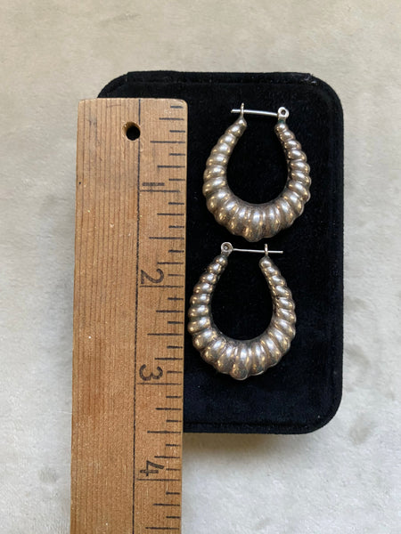 Vintage Sterling Silver Large Shrimp Hollow Form Hoops