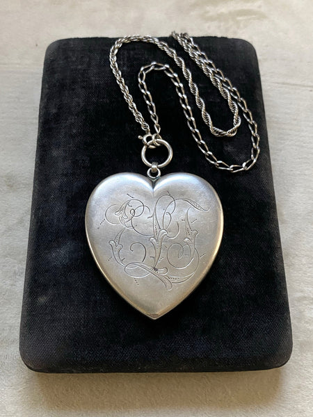 Antique Oversized Sterling Silver Heart Locket (so big!)