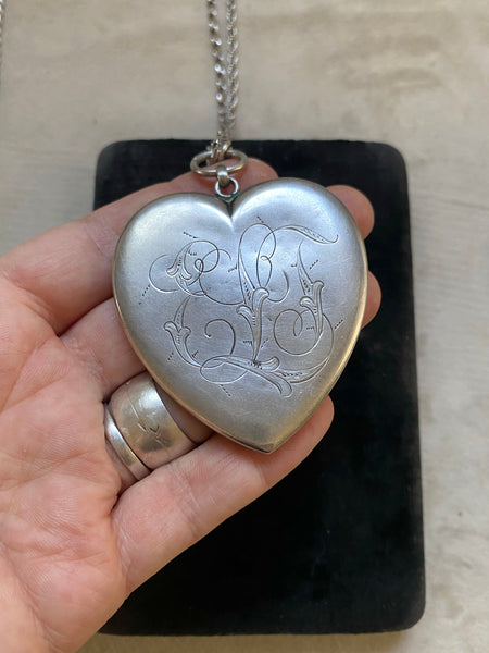 Antique Oversized Sterling Silver Heart Locket (so big!)