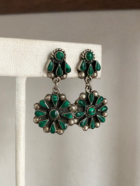 Vintage Sterling Silver Taxco Malachite Flower Burst Earrings