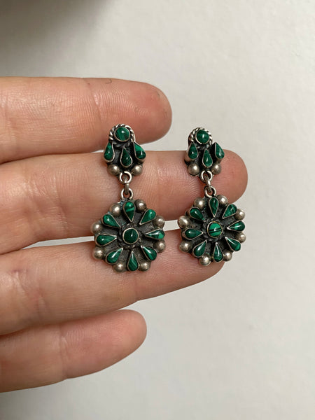 Vintage Sterling Silver Taxco Malachite Flower Burst Earrings