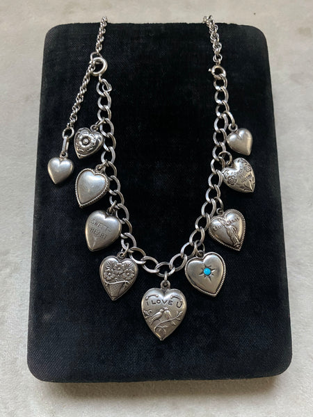 Vintage Convertible 1940's Sterling Silver Sweetheart Charm Necklace / Bracelet