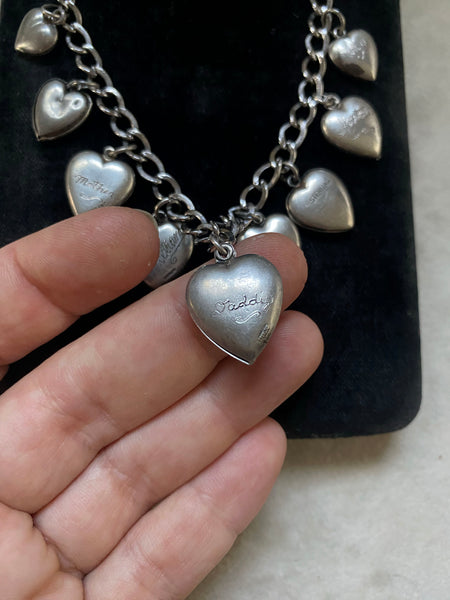 Vintage Convertible 1940's Sterling Silver Sweetheart Charm Necklace / Bracelet