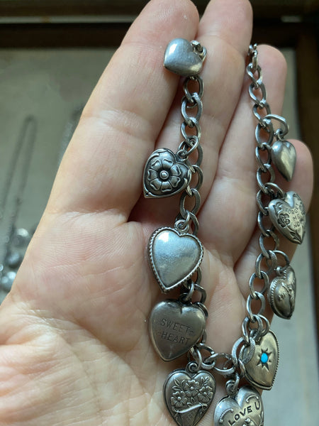 Vintage Convertible 1940's Sterling Silver Sweetheart Charm Necklace / Bracelet