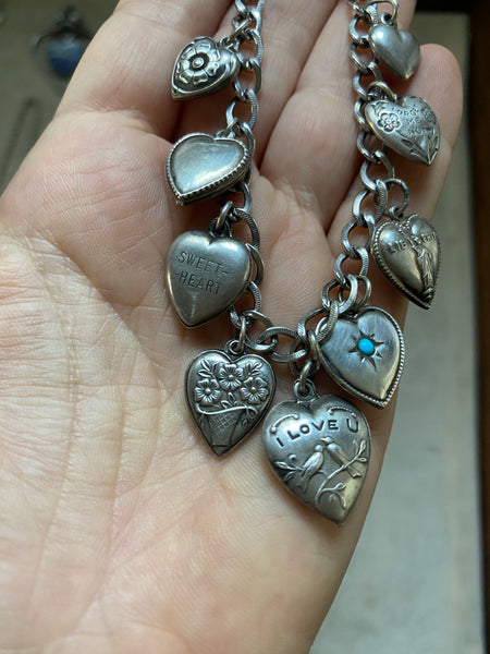 Vintage Convertible 1940's Sterling Silver Sweetheart Charm Necklace / Bracelet