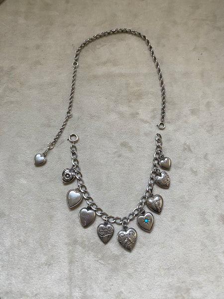 Vintage Convertible 1940's Sterling Silver Sweetheart Charm Necklace / Bracelet