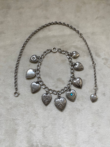 Vintage Convertible 1940's Sterling Silver Sweetheart Charm Necklace / Bracelet