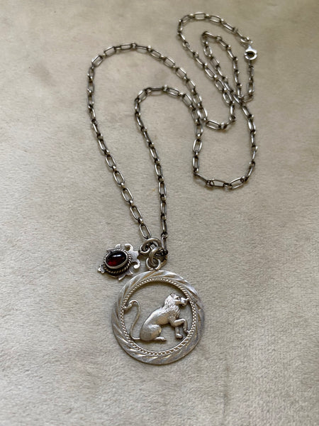 Vintage Lion Medallion + Garnet Shield Necklace