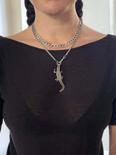 Vintage Heavy Sterling Cast Gator Fob / Solid French Rope Chain Necklace