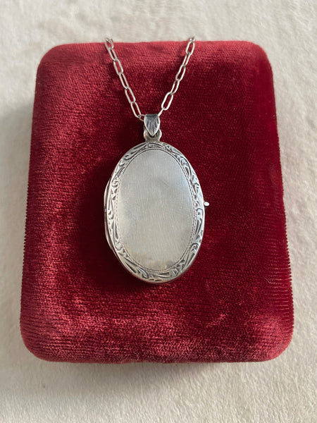 Vintage Mid-Century Hand Engraved Oval Locket Necklace