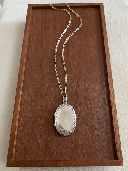 Vintage Mid-Century Hand Engraved Oval Locket Necklace