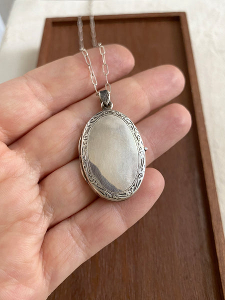 Vintage Mid-Century Hand Engraved Oval Locket Necklace