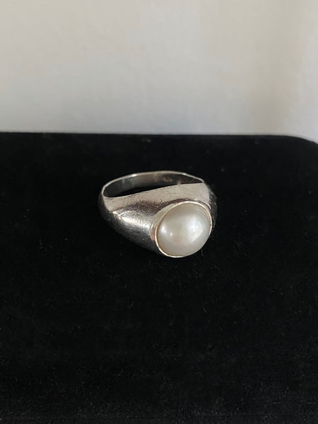 Vintage Sterling Silver Button Pearl Signet Ring sz 9.5