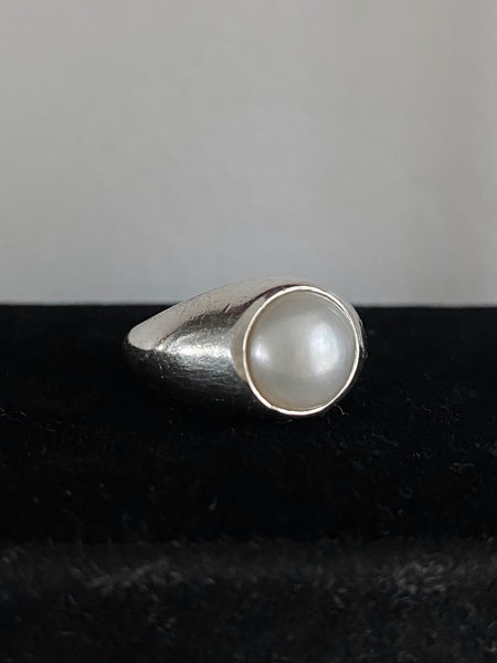 Vintage Sterling Silver Button Pearl Signet Ring sz 9.5