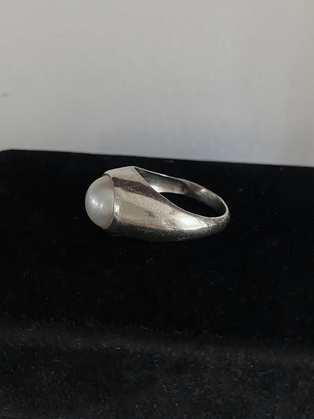 Vintage Sterling Silver Button Pearl Signet Ring sz 9.5
