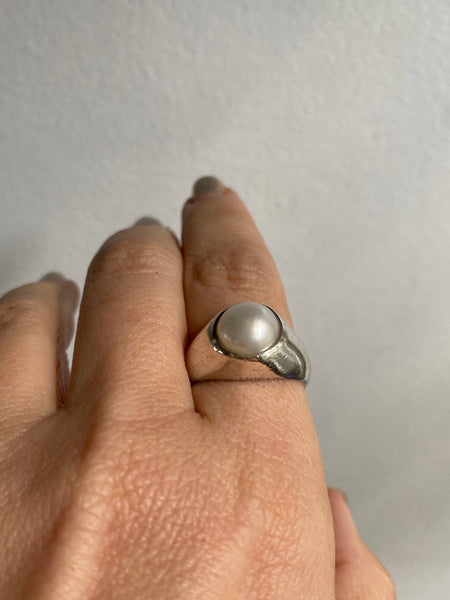 Vintage Sterling Silver Button Pearl Signet Ring sz 9.5