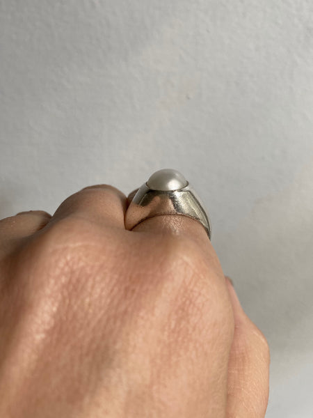 Vintage Sterling Silver Button Pearl Signet Ring sz 9.5