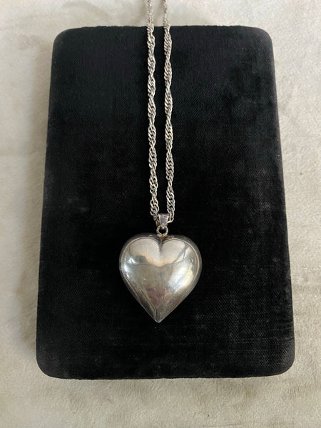 Vintage Sterling Puffy Heart + Singapore Chain Necklace
