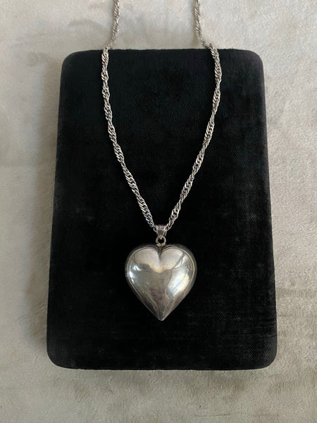 Vintage Sterling Puffy Heart + Singapore Chain Necklace