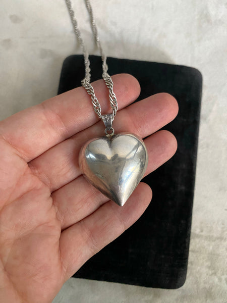 Vintage Sterling Puffy Heart + Singapore Chain Necklace