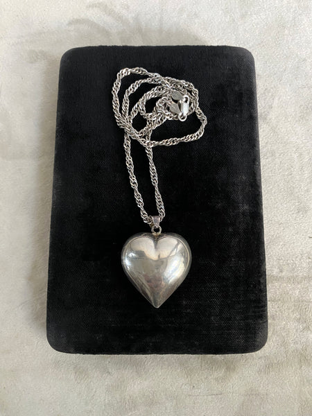Vintage Sterling Puffy Heart + Singapore Chain Necklace
