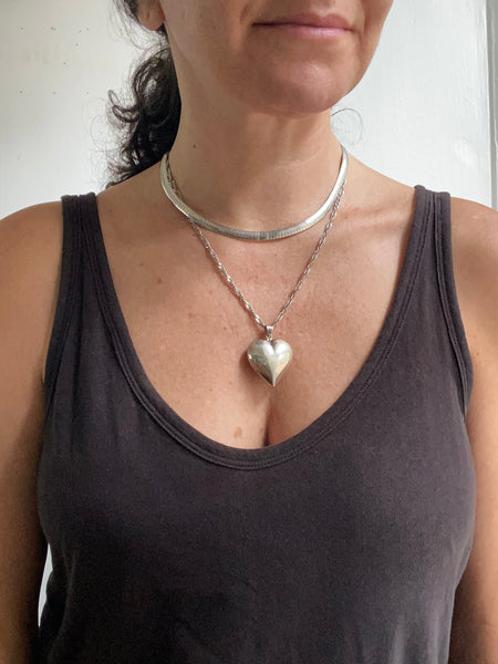 Vintage Sterling Puffy Heart + Singapore Chain Necklace