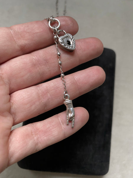 OOAK Antique Sterling Silver Heart Lock+ Rosary Bead Necklace