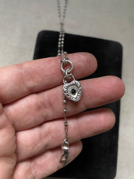 OOAK Antique Sterling Silver Heart Lock+ Rosary Bead Necklace