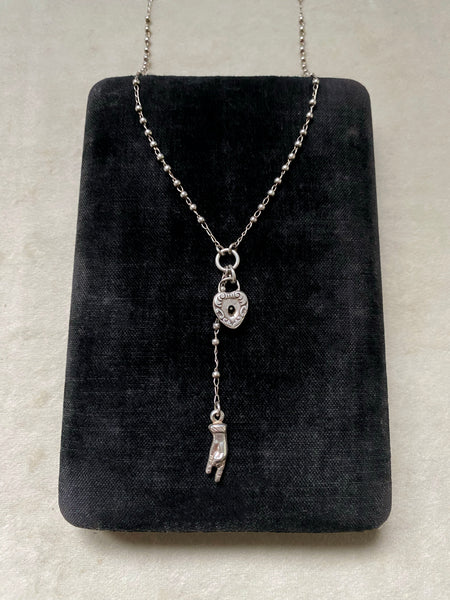 OOAK Antique Sterling Silver Heart Lock+ Rosary Bead Necklace