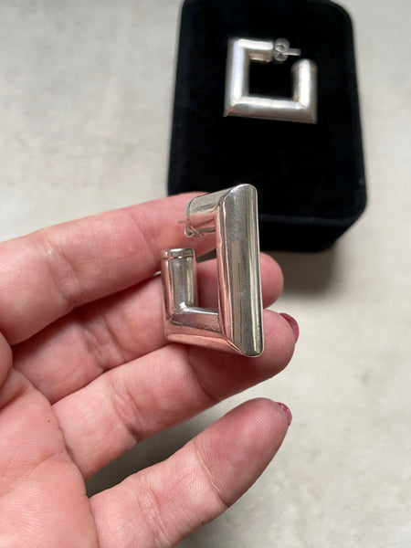 Large Vintage Sterling Silver Squared Hollow-Form Hoops