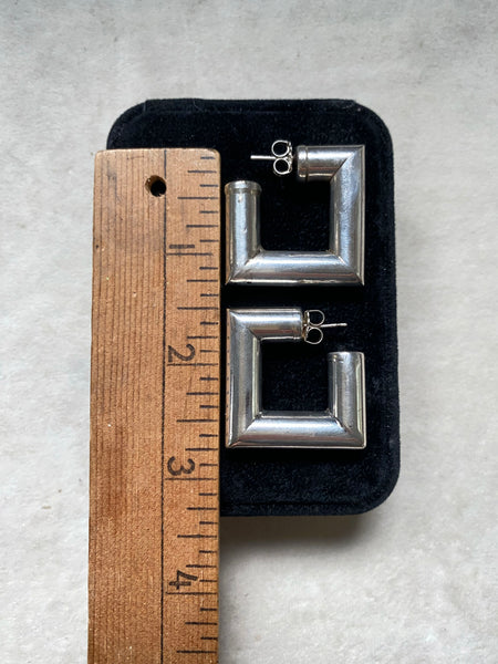 Large Vintage Sterling Silver Squared Hollow-Form Hoops
