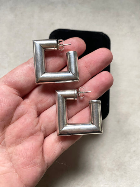 Large Vintage Sterling Silver Squared Hollow-Form Hoops