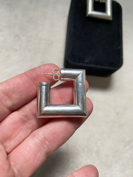 Large Vintage Sterling Silver Squared Hollow-Form Hoops