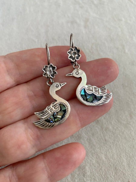 Vintage Mexican Sterling + Abalone Birdie Dangles