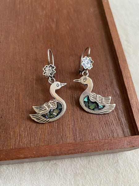 Vintage Mexican Sterling + Abalone Birdie Dangles