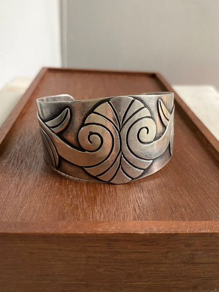 RARE Taxco Floral Design Sterling Silver Wide Cuff Bracelet