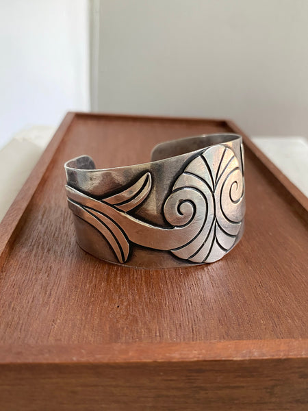 RARE Taxco Floral Design Sterling Silver Wide Cuff Bracelet