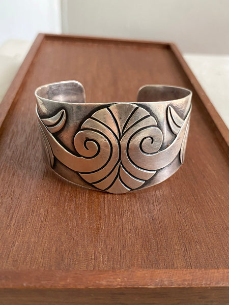 RARE Taxco Floral Design Sterling Silver Wide Cuff Bracelet