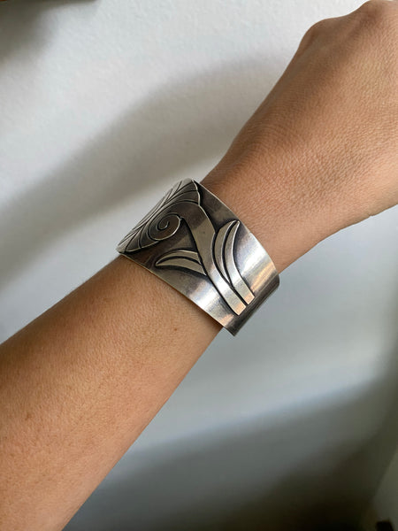 RARE Taxco Floral Design Sterling Silver Wide Cuff Bracelet