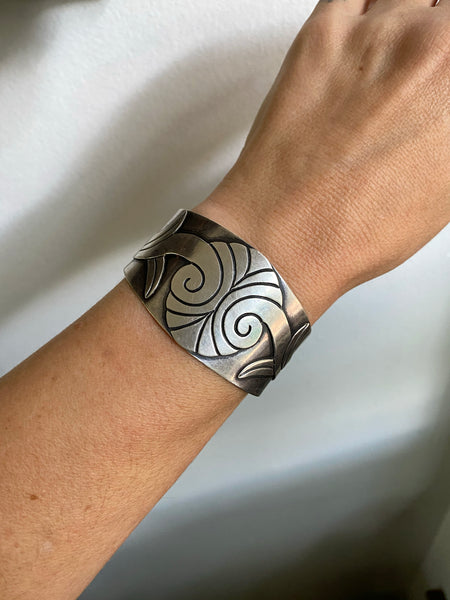RARE Taxco Floral Design Sterling Silver Wide Cuff Bracelet