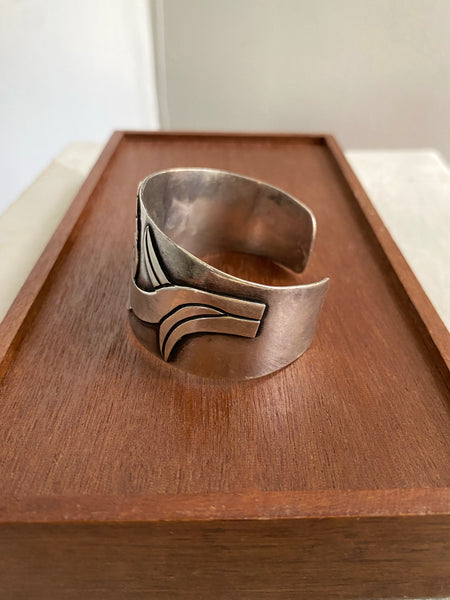 RARE Taxco Floral Design Sterling Silver Wide Cuff Bracelet