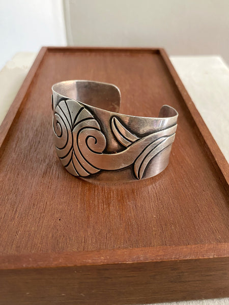 RARE Taxco Floral Design Sterling Silver Wide Cuff Bracelet