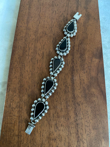 Vintage Sterling Taxco Onyx Teardrop Bracelet