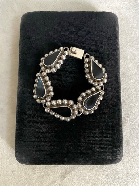 Vintage Sterling Taxco Onyx Teardrop Bracelet