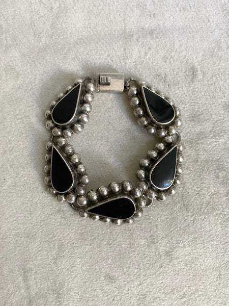 Vintage Sterling Taxco Onyx Teardrop Bracelet