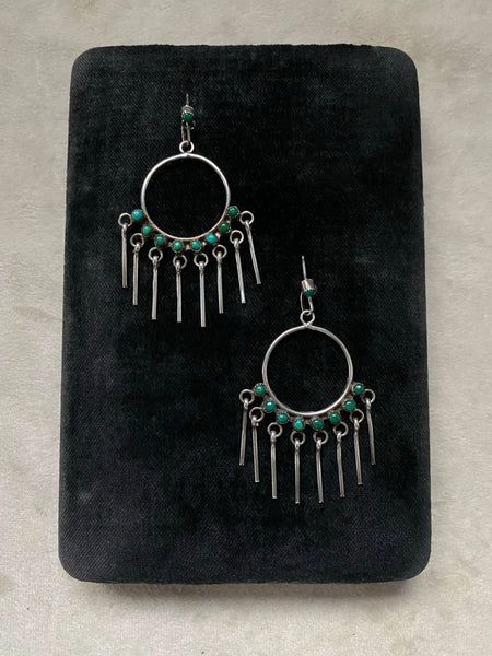 Vintage Sterling Silver Turquoise Fringe Hoops