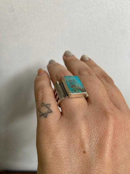 Kingman Turquoise Sterling Silver Signet Ring Sz 7