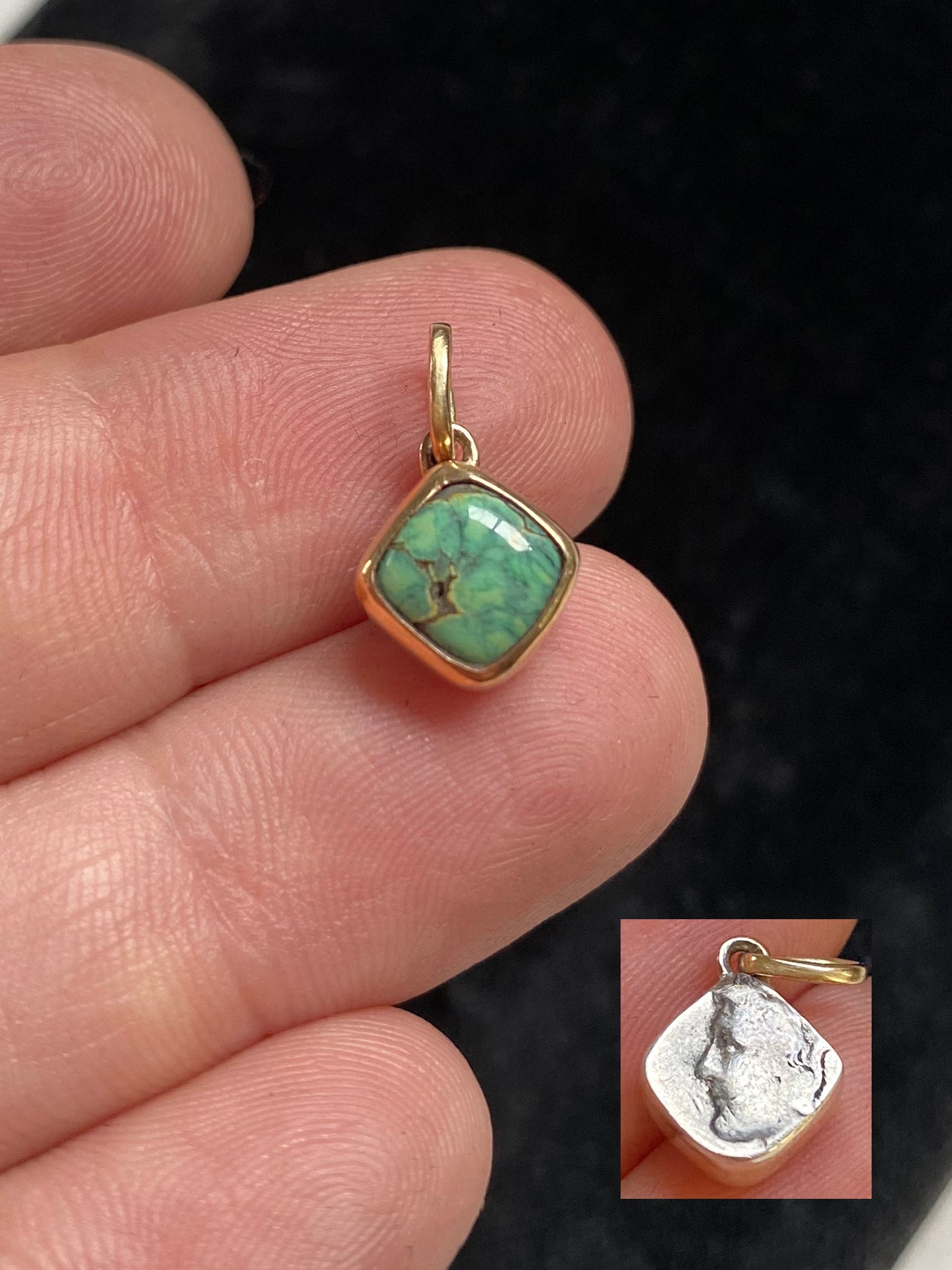 Handmade Diamond Variscite + 14k + Mercury Dime Back Charm